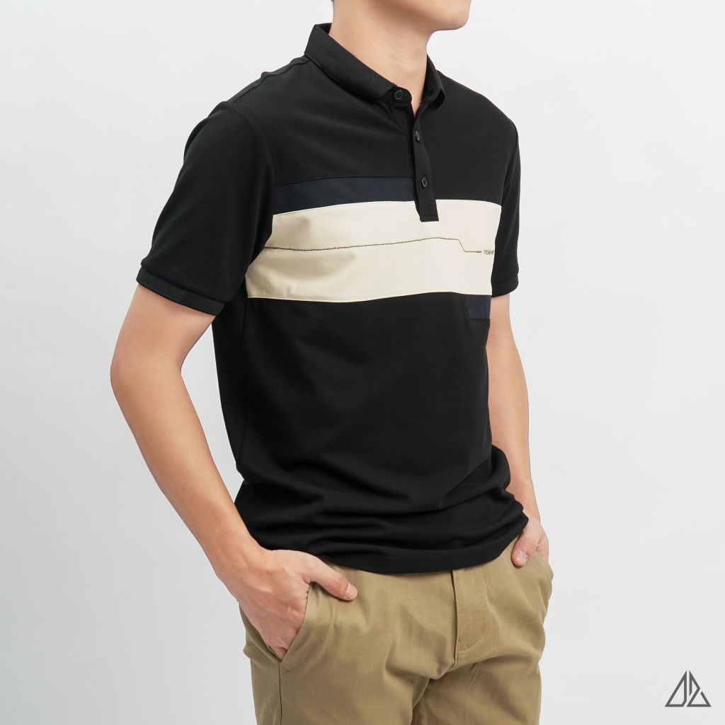 Áo polo đắp ngực kem đen thêu chữ STRENGHT