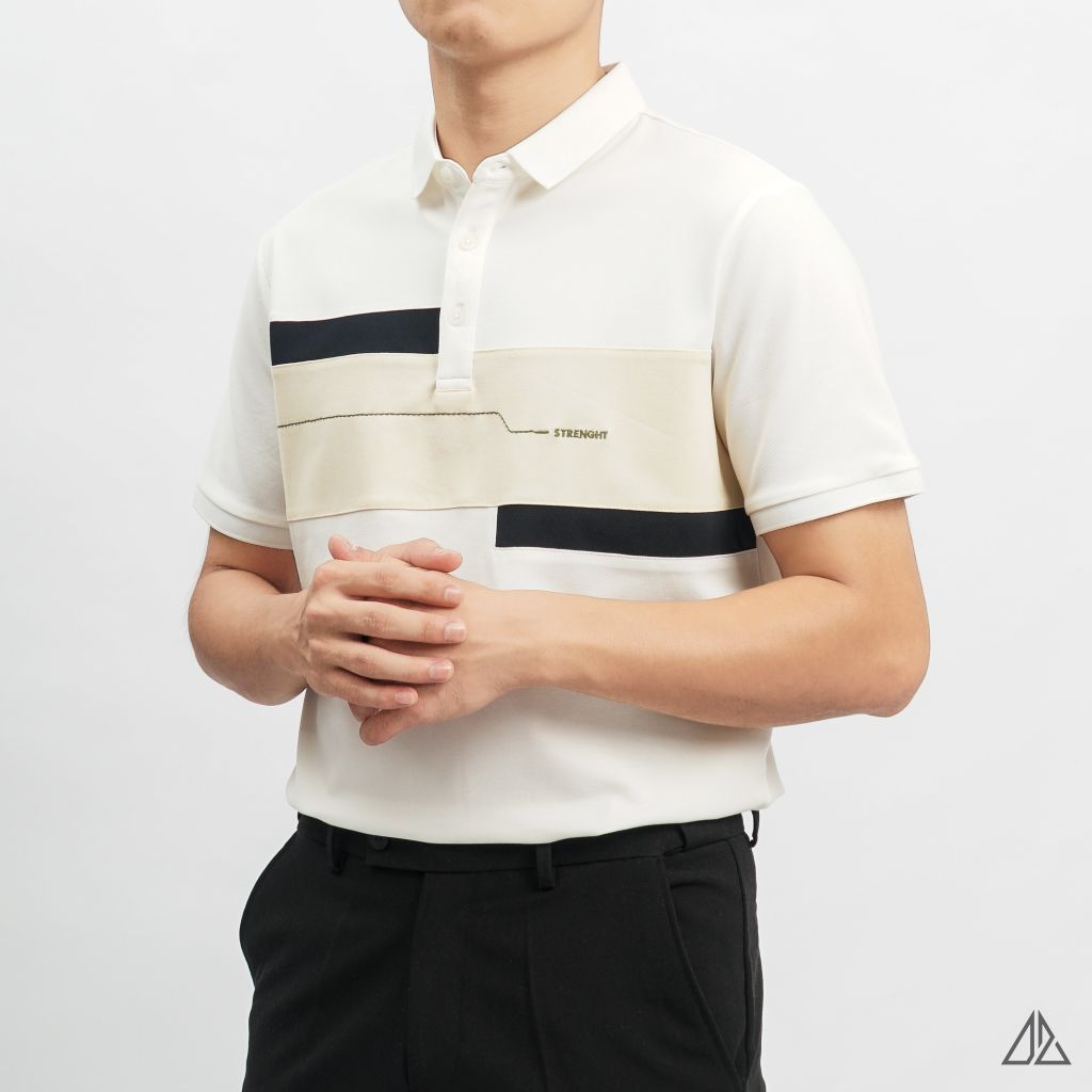 Áo polo đắp ngực kem đen thêu chữ STRENGHT