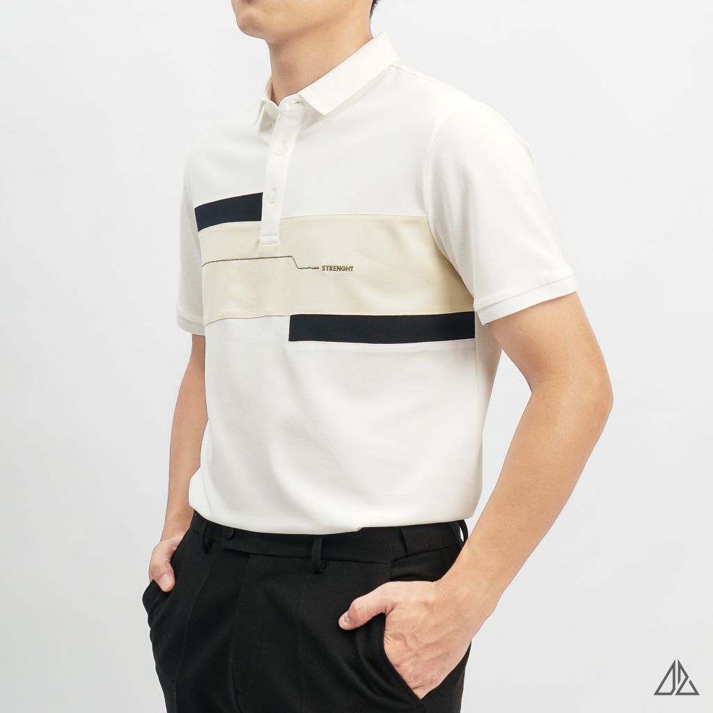 Áo polo đắp ngực kem đen thêu chữ STRENGHT