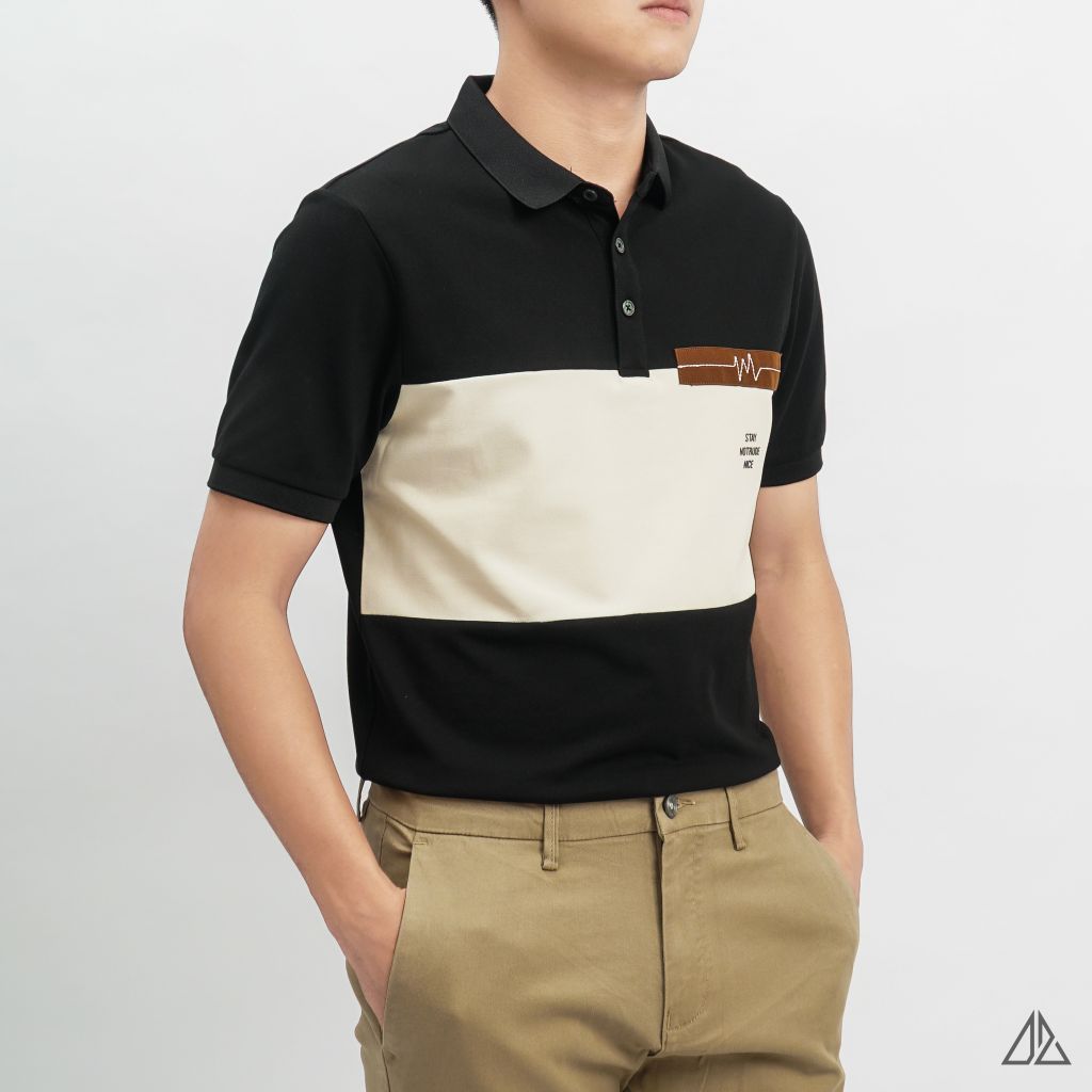 Áo polo phối ngực kem in chữ STAY NOTRUDE NICE