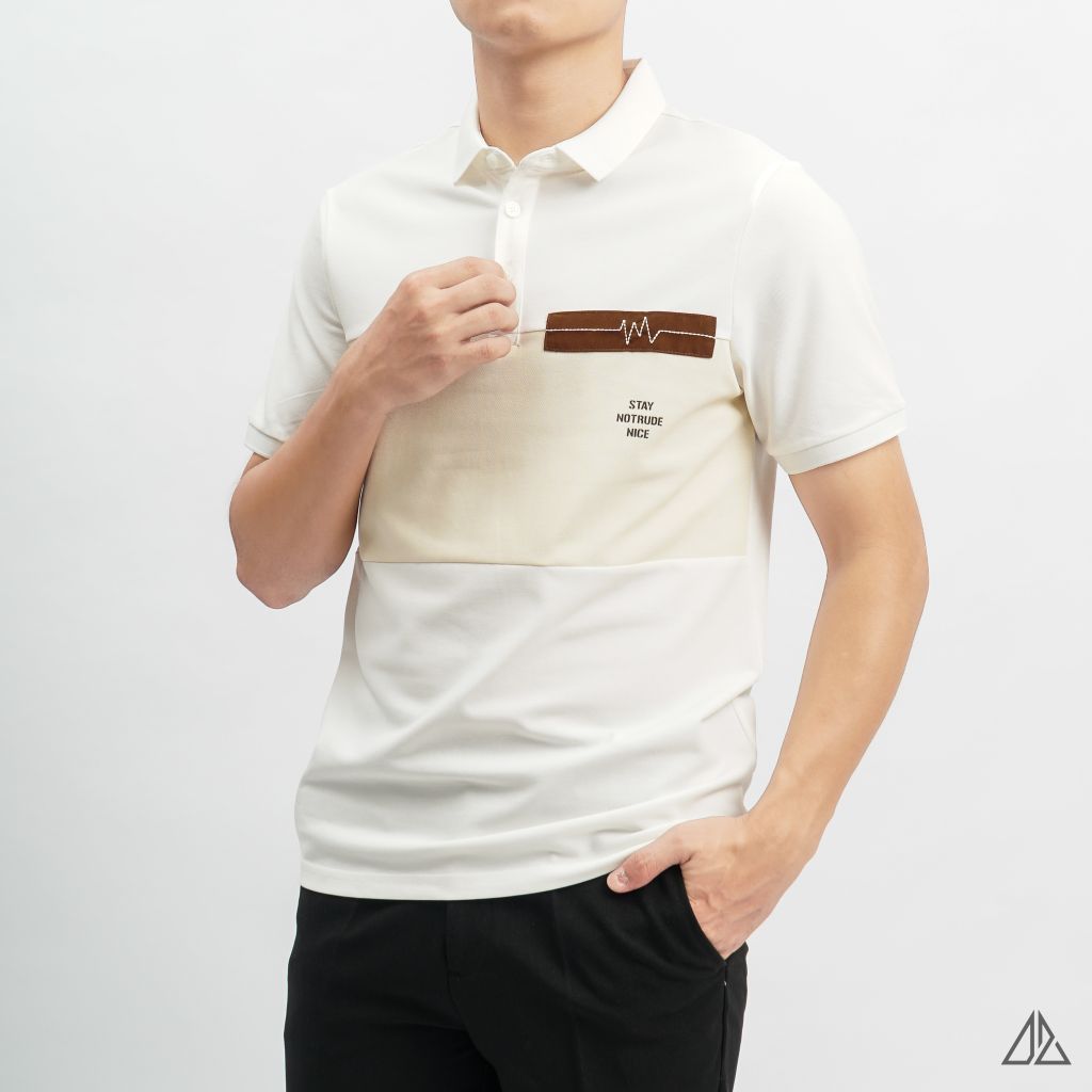 Áo polo phối ngực kem in chữ STAY NOTRUDE NICE