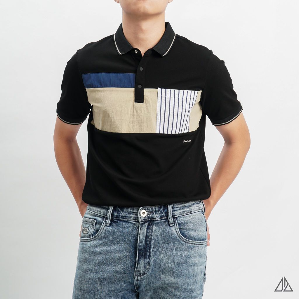 Polo đắp ngực kem túi sọc