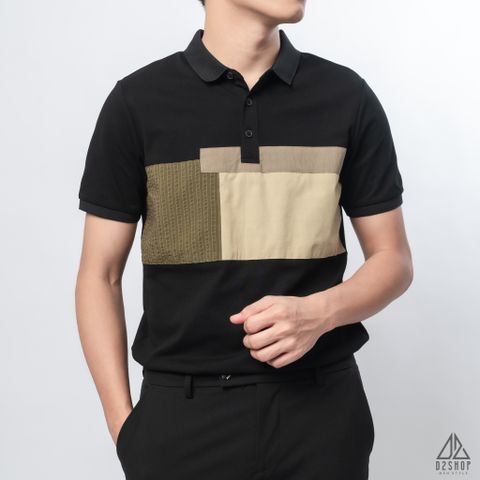 Polo phối ngực xanh rêu vải dù