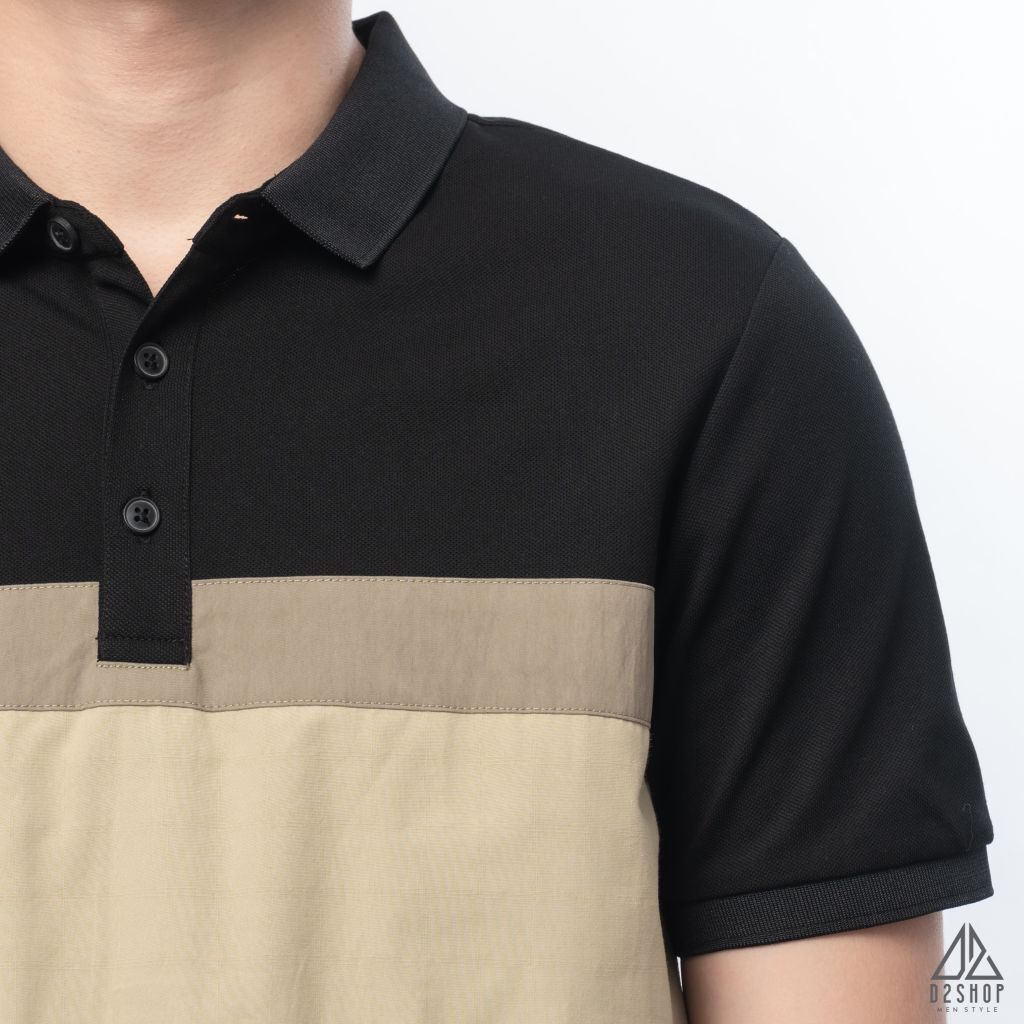 Polo phối ngực xanh rêu vải dù