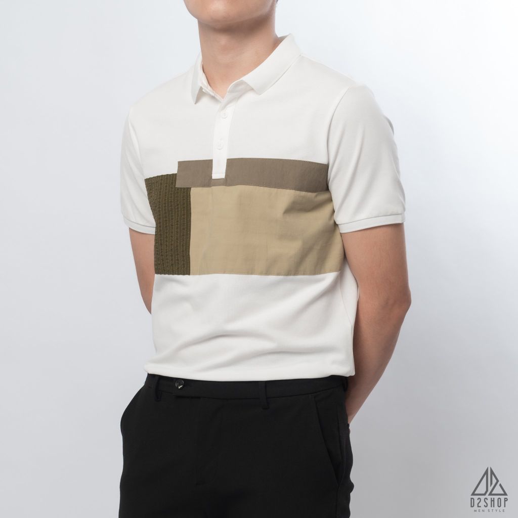 Polo phối ngực xanh rêu vải dù