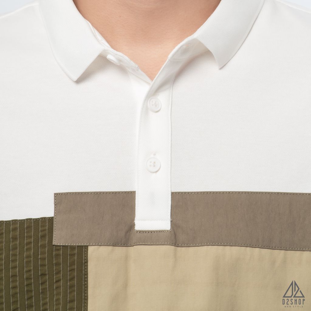 Polo phối ngực xanh rêu vải dù