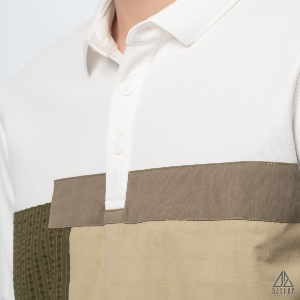 Polo phối ngực xanh rêu vải dù