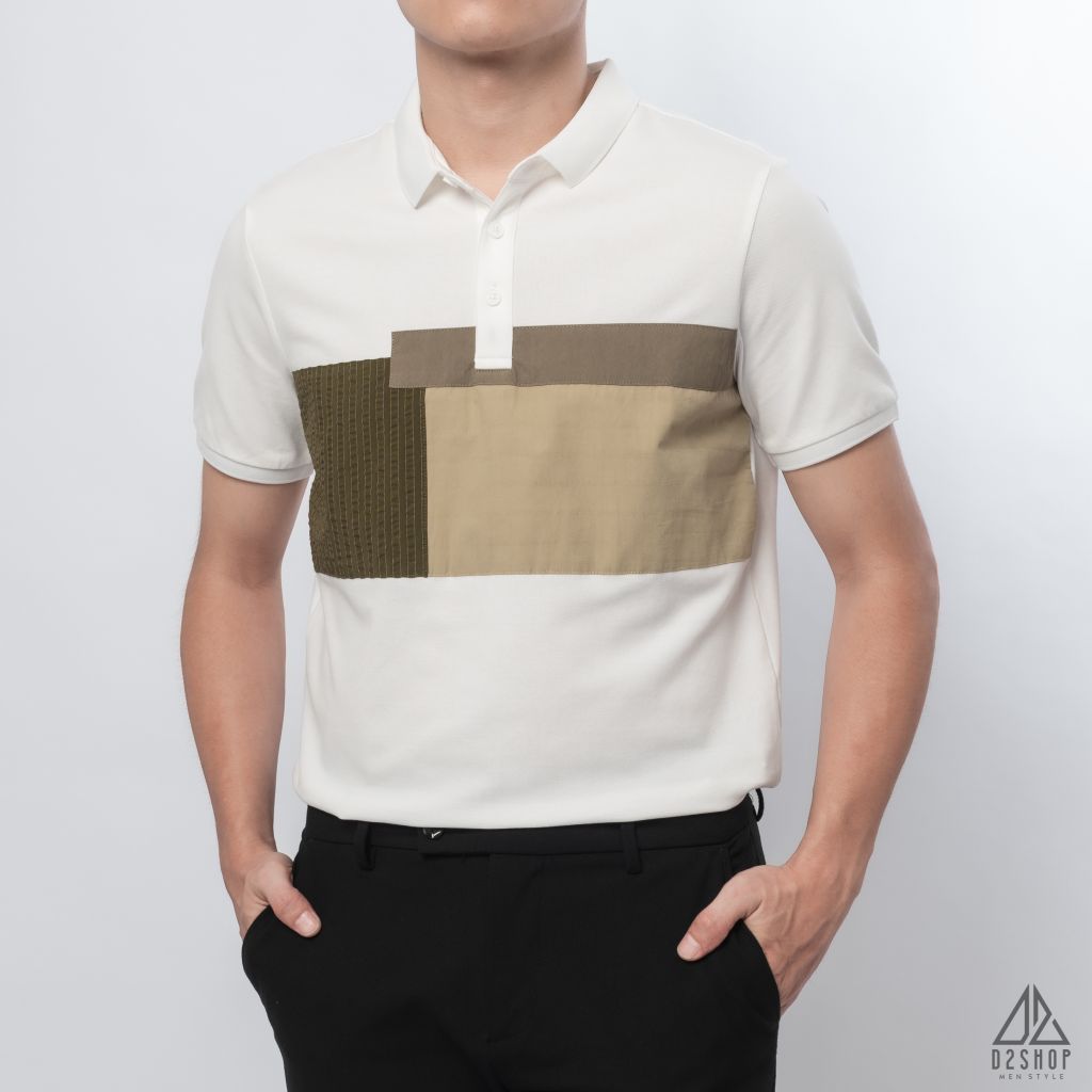 Polo phối ngực xanh rêu vải dù