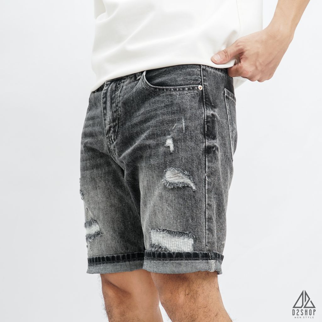 Short jean xanh đậm rách
