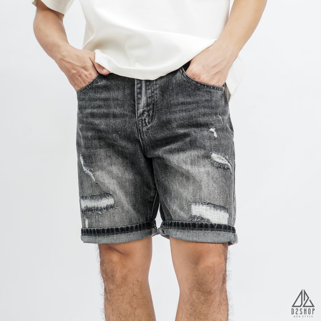 Short jean xanh đậm rách