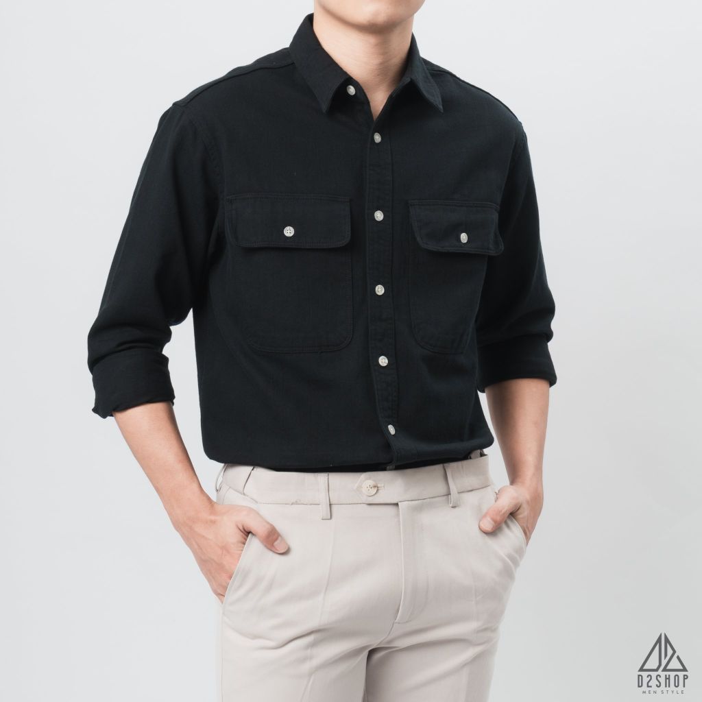 Áo sơ mi túi hộp vải kaki