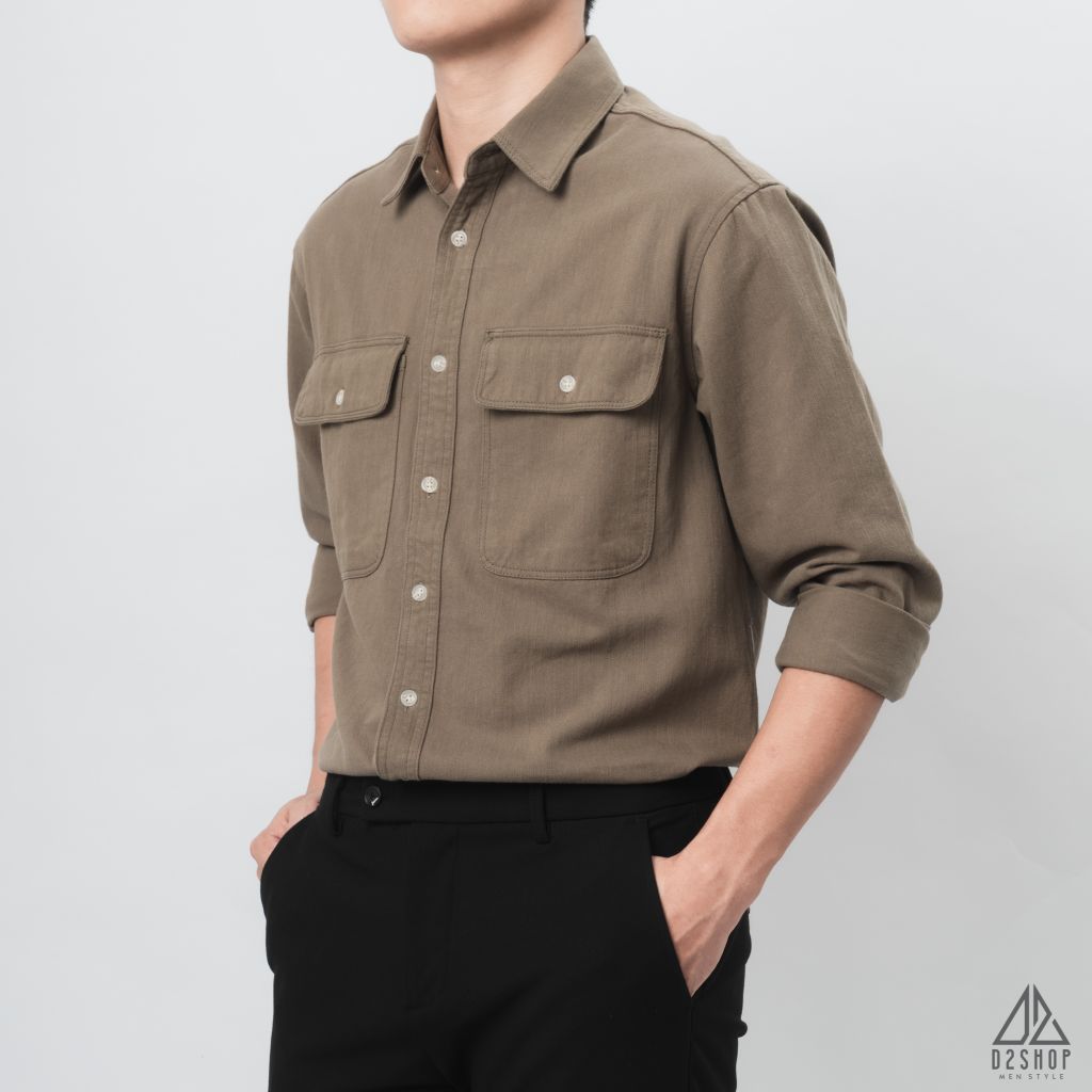 Áo sơ mi túi hộp vải kaki