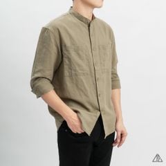 Áo sơ mi cổ trụ 2 túi vải Linen