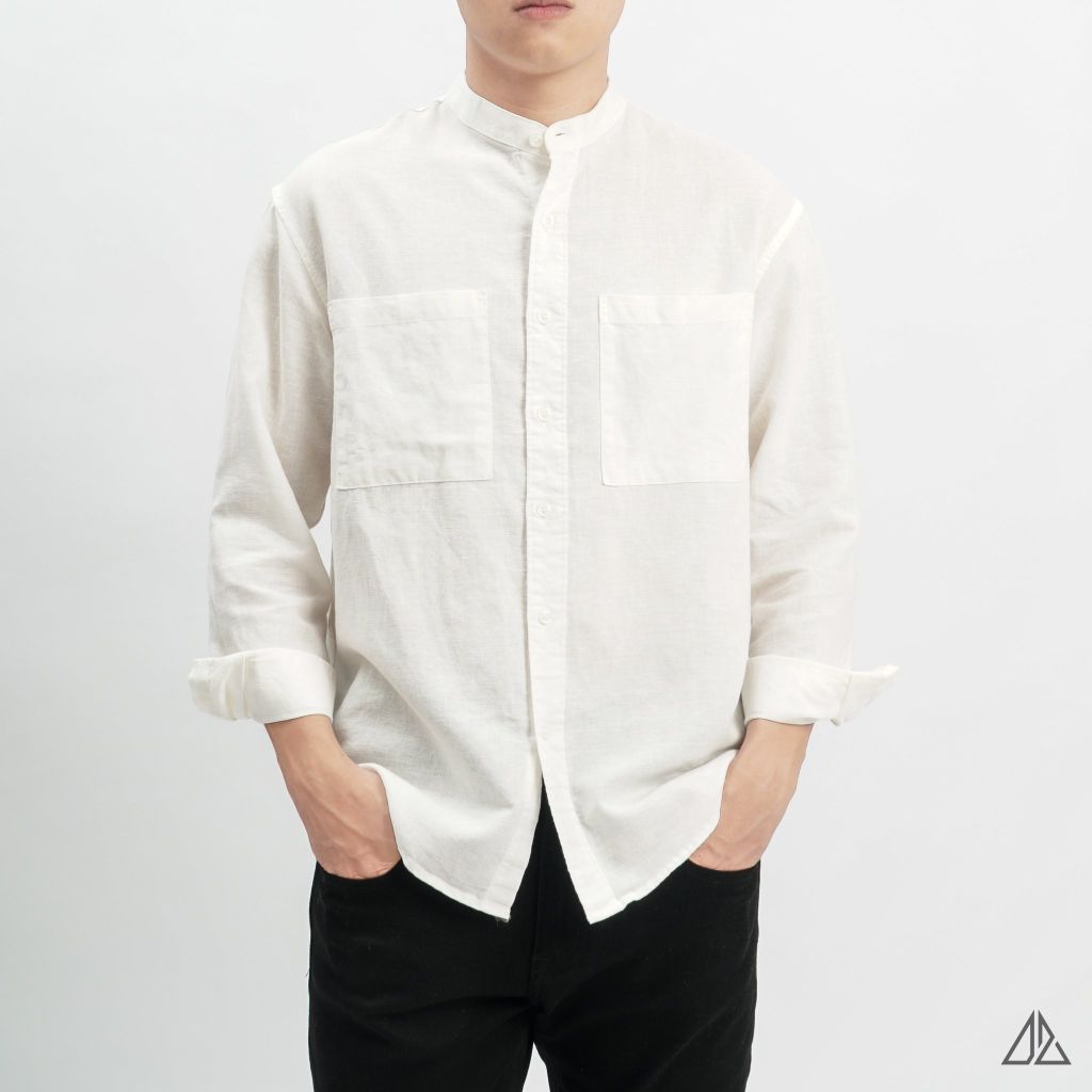 Áo sơ mi cổ trụ 2 túi vải Linen