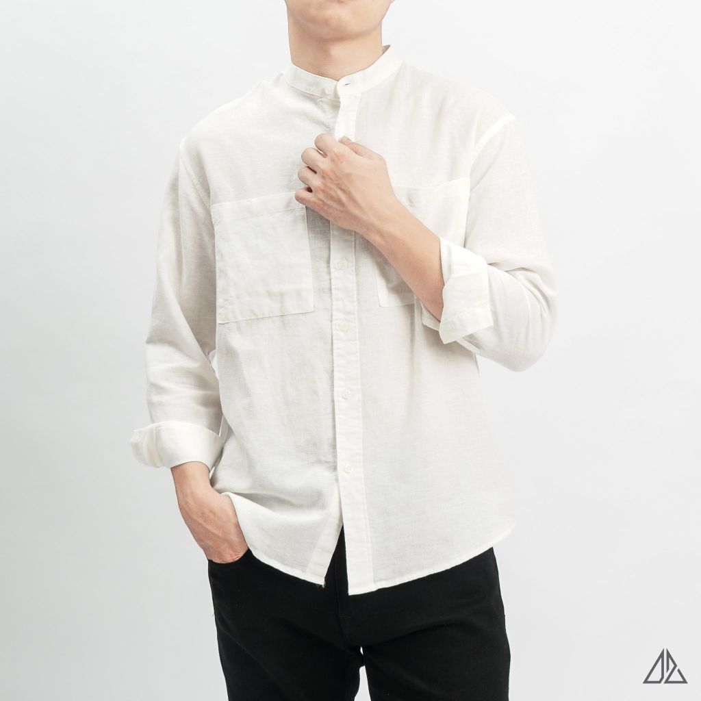 Áo sơ mi cổ trụ 2 túi vải Linen