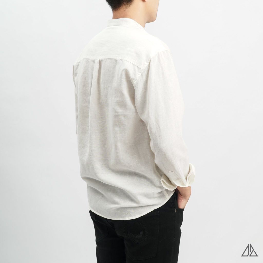 Áo sơ mi cổ trụ 2 túi vải Linen
