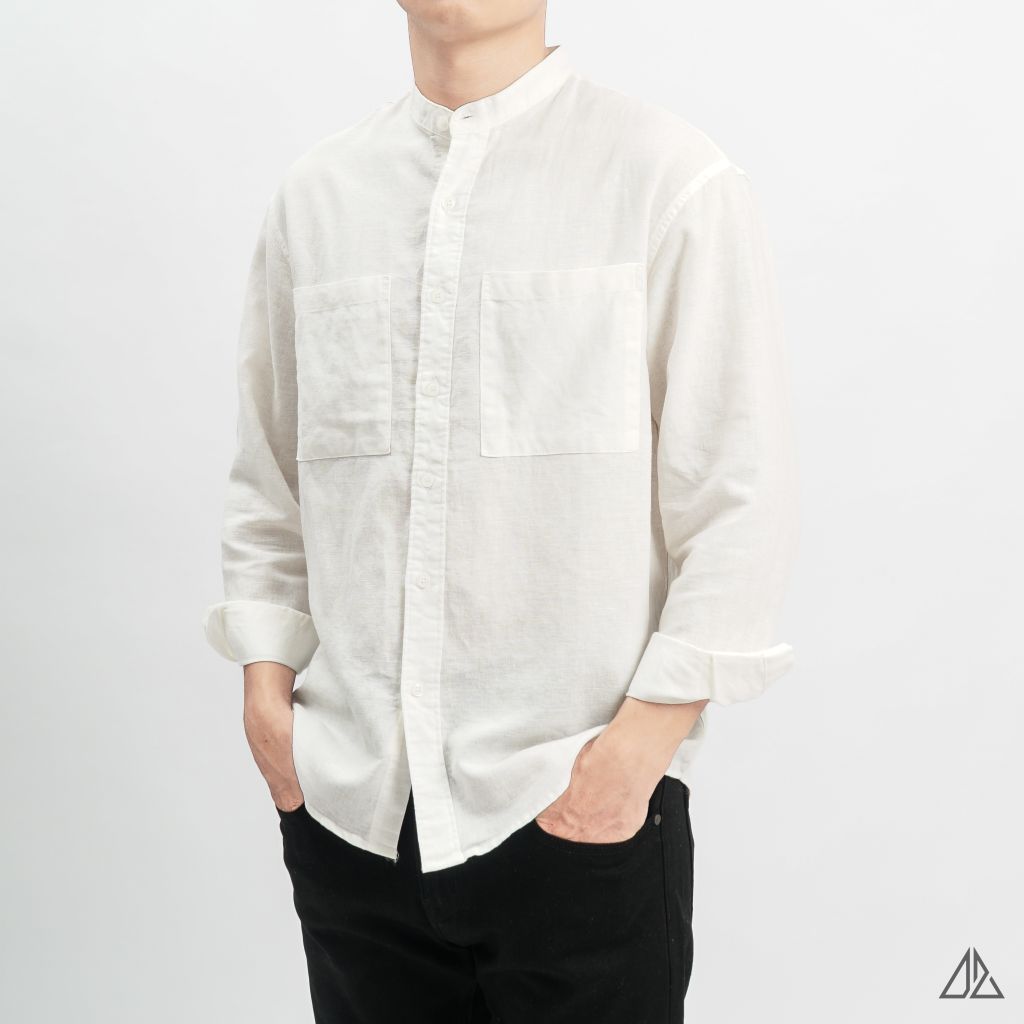 Áo sơ mi cổ trụ 2 túi vải Linen