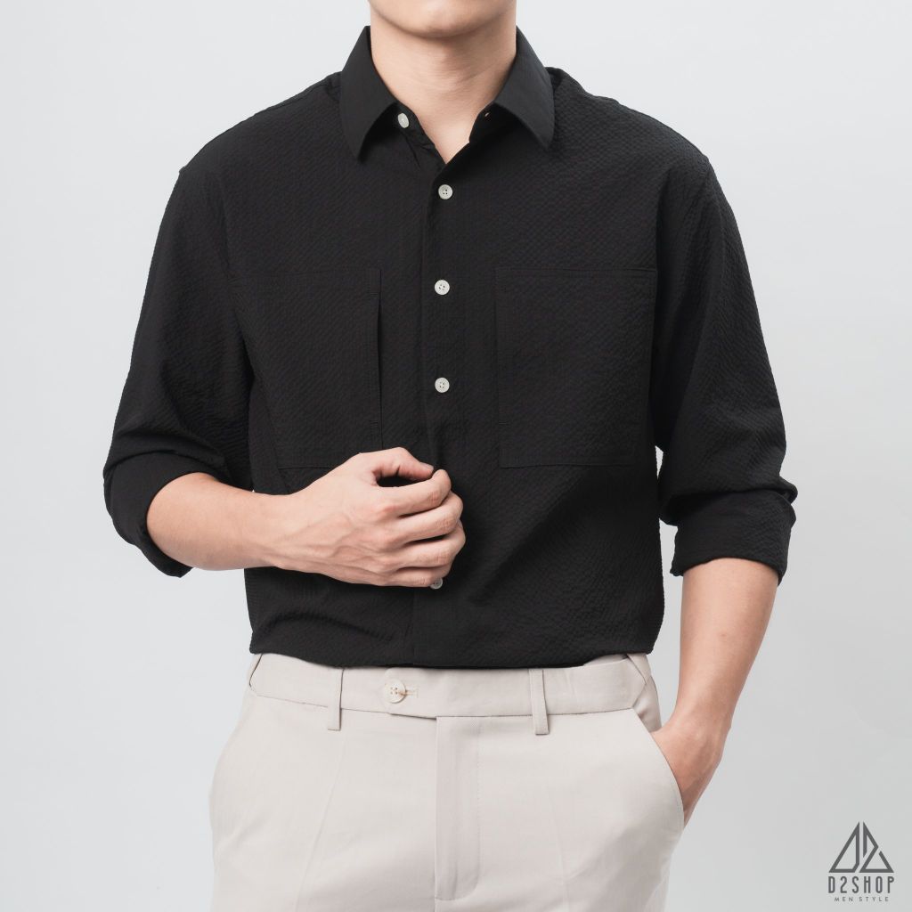 Áo sơ mi vải gân nổi 2 túi