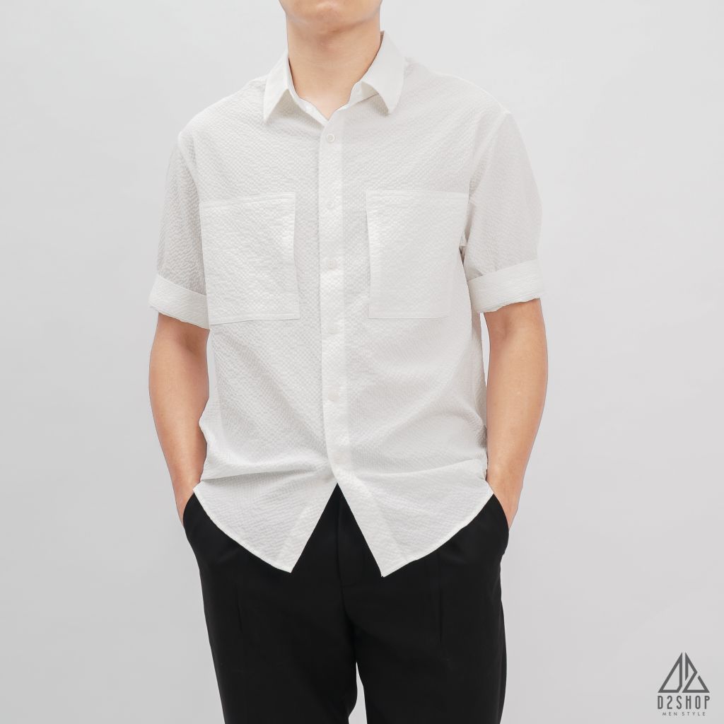 Áo sơ mi ngắn tay vải gân nổi 2 túi