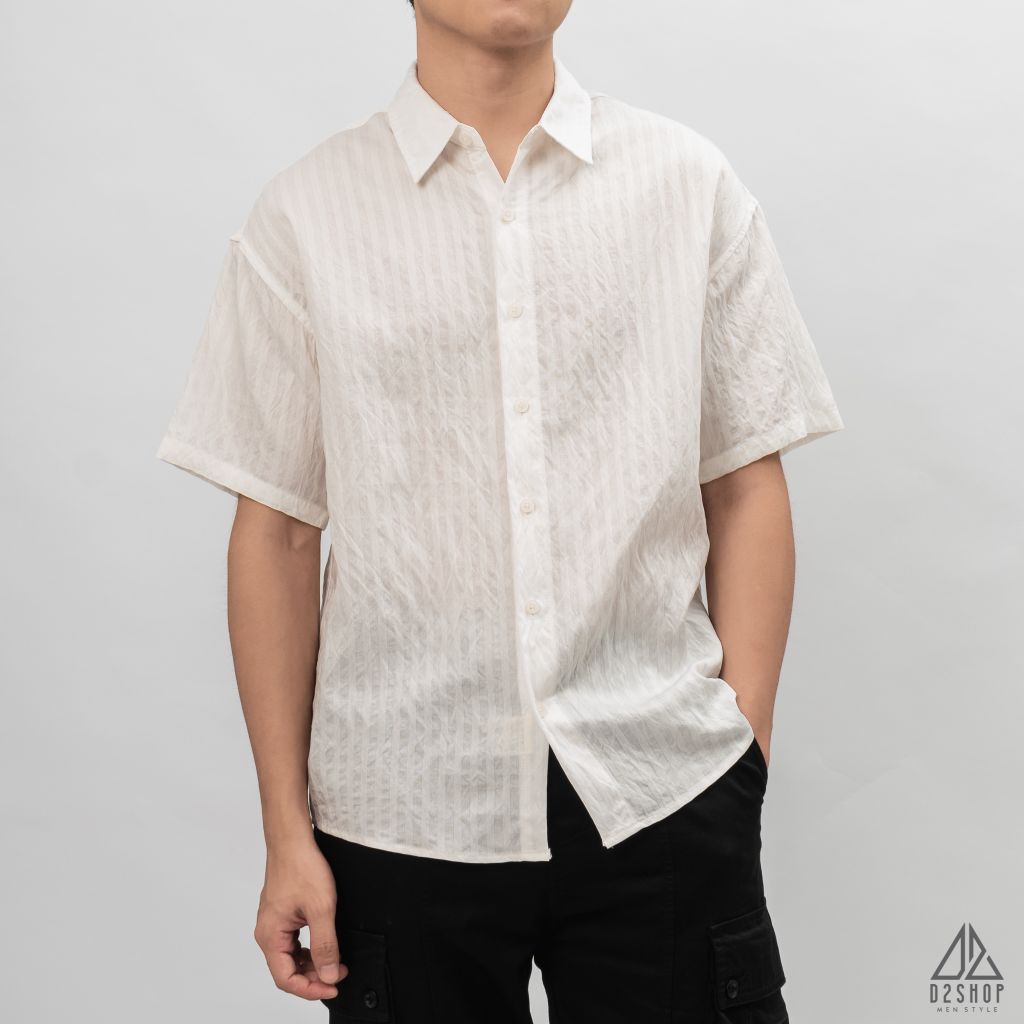 Áo sơ mi ngắn tay vải gân sọc nổi