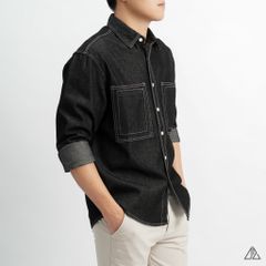 Áo sơ mi jean hai túi chỉ nổi