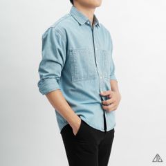 Áo sơ mi jean hai túi chỉ nổi