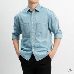 Áo sơ mi jean hai túi chỉ nổi