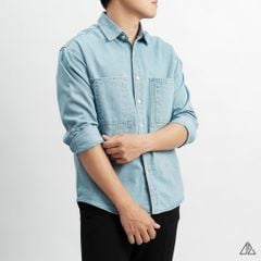 Áo sơ mi jean hai túi chỉ nổi