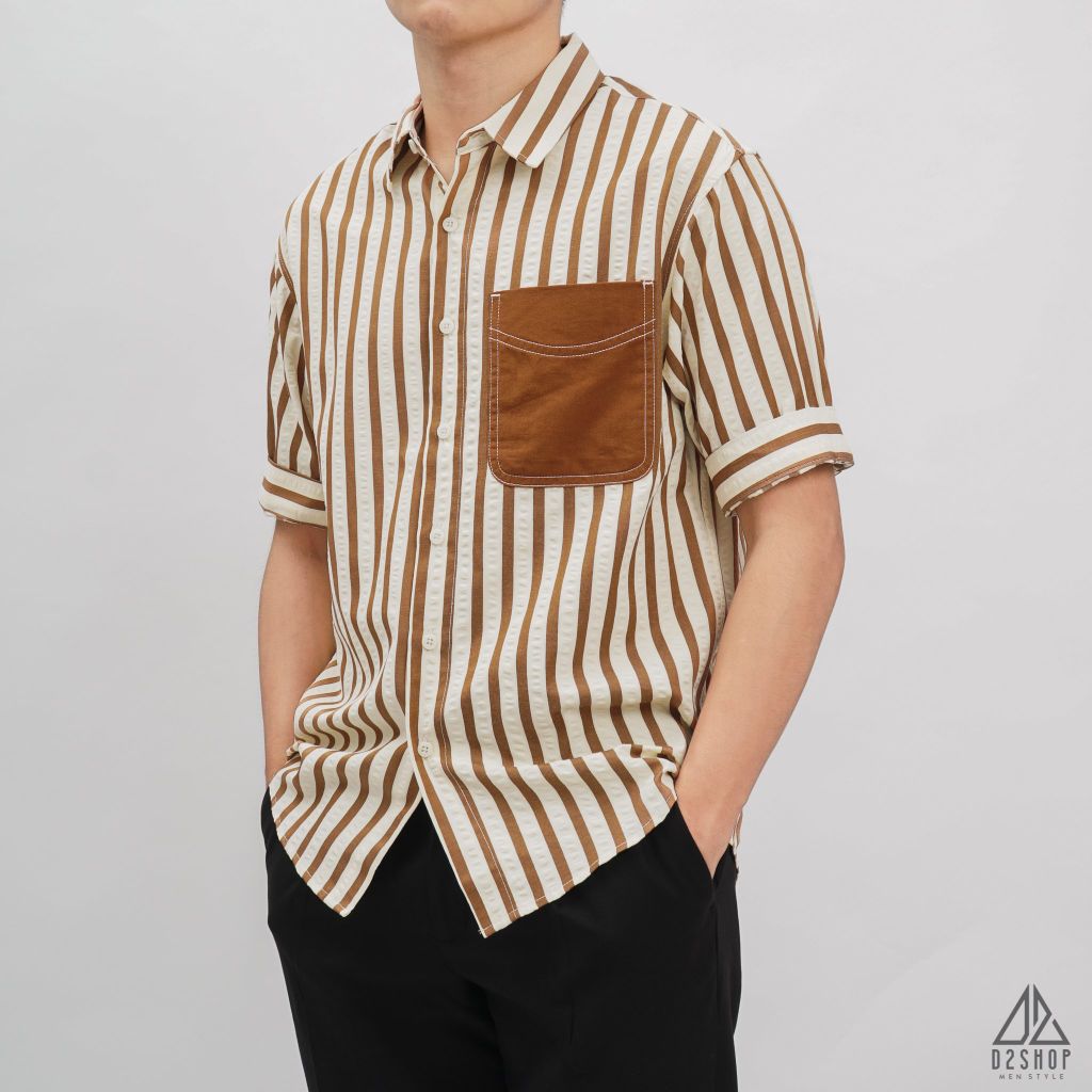 Áo sơ mi ngắn tay vải gân sọc phối túi [SM-2364]