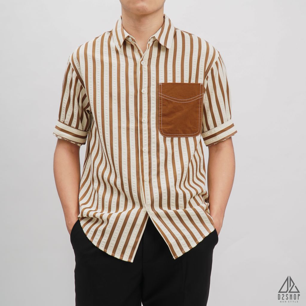 Áo sơ mi ngắn tay vải gân sọc phối túi [SM-2364]