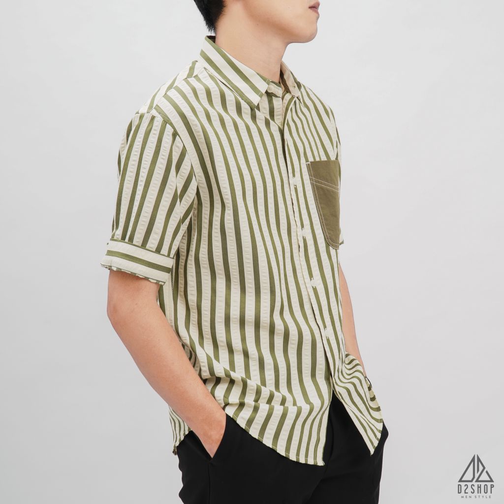 Áo sơ mi ngắn tay vải gân sọc phối túi [SM-2364]
