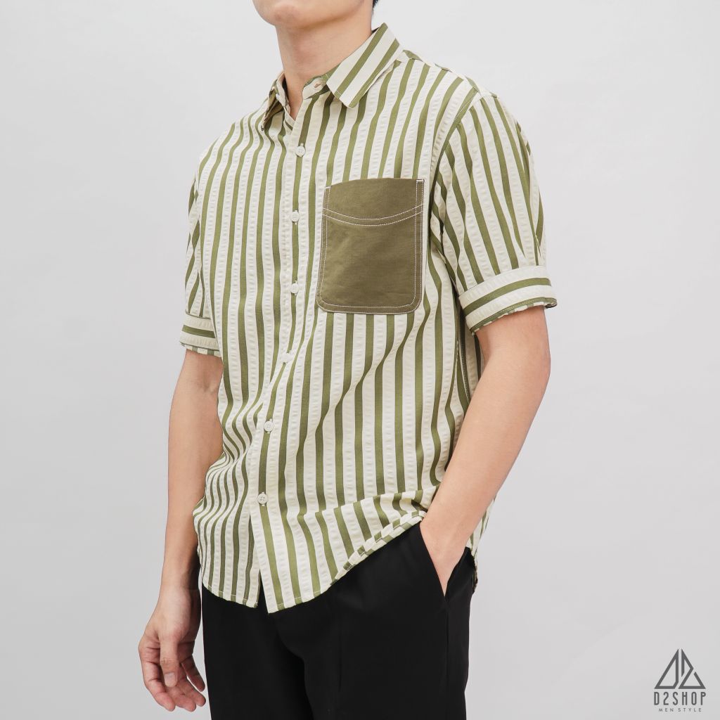Áo sơ mi ngắn tay vải gân sọc phối túi [SM-2364]