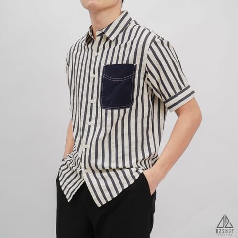 Áo sơ mi ngắn tay vải gân sọc phối túi [SM-2364]