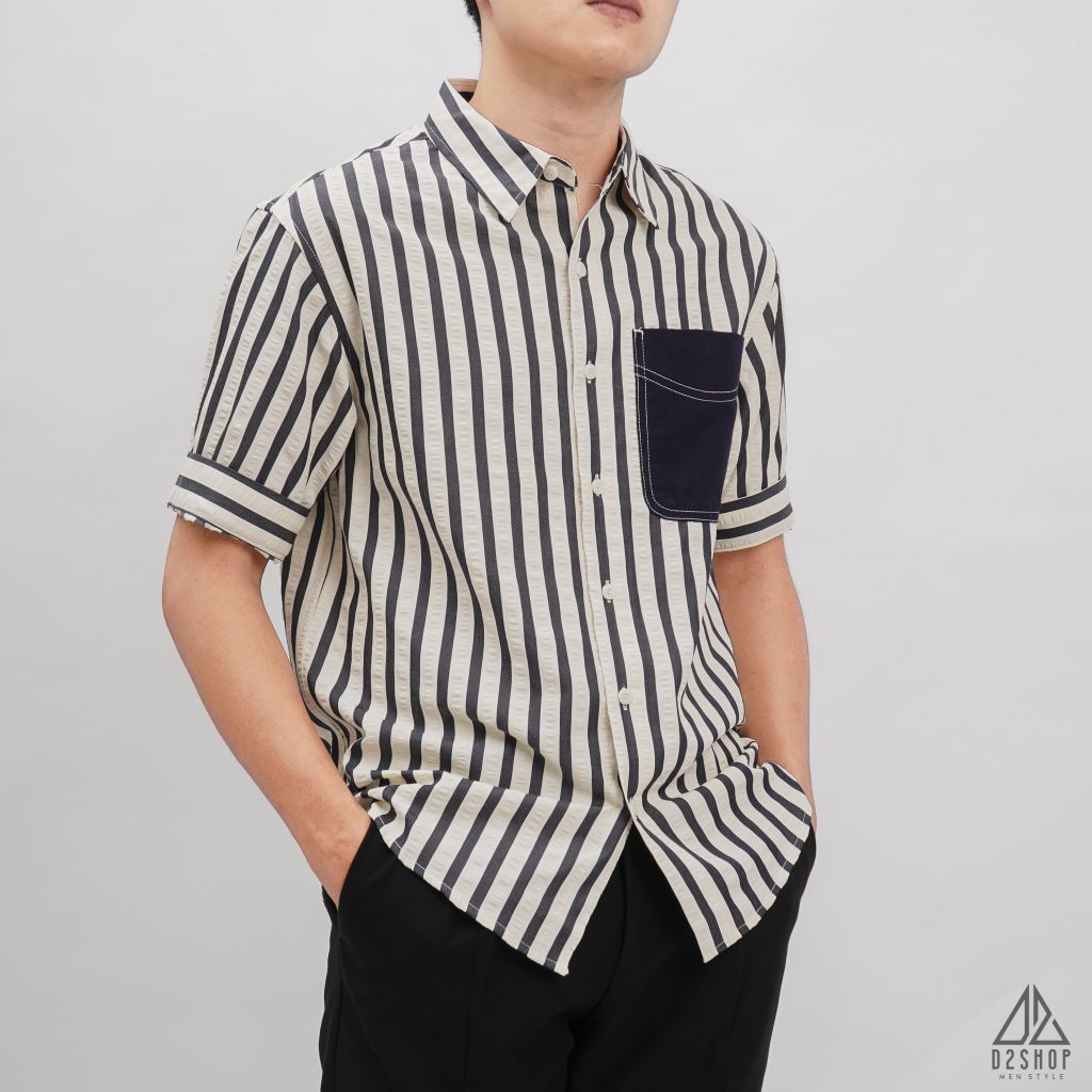 Áo sơ mi ngắn tay vải gân sọc phối túi [SM-2364]