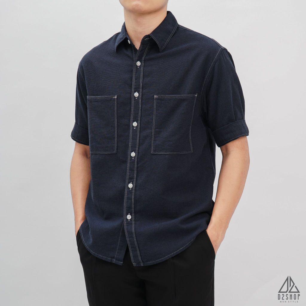Áo sơ mi tay ngắn 2 túi vải linen