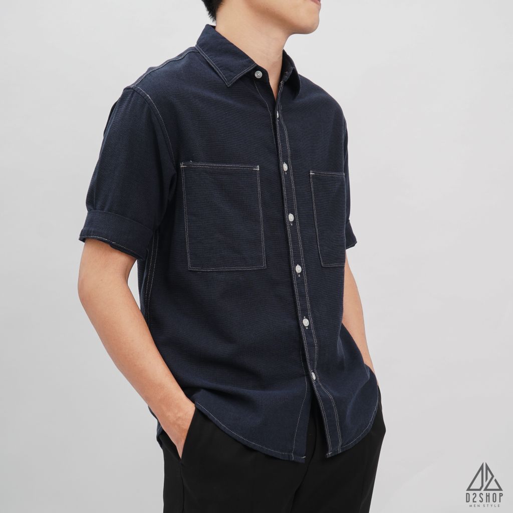 Áo sơ mi tay ngắn 2 túi vải linen