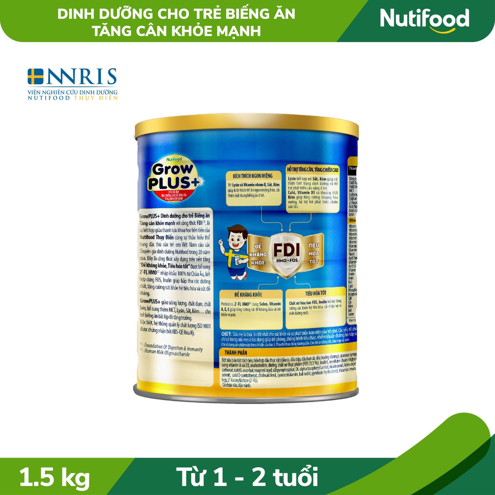  Sữa Bột Nutifood GrowPLUS+ Biếng Ăn 1.5kg trên 1 tuổi - Tăng cân khỏe mạnh 