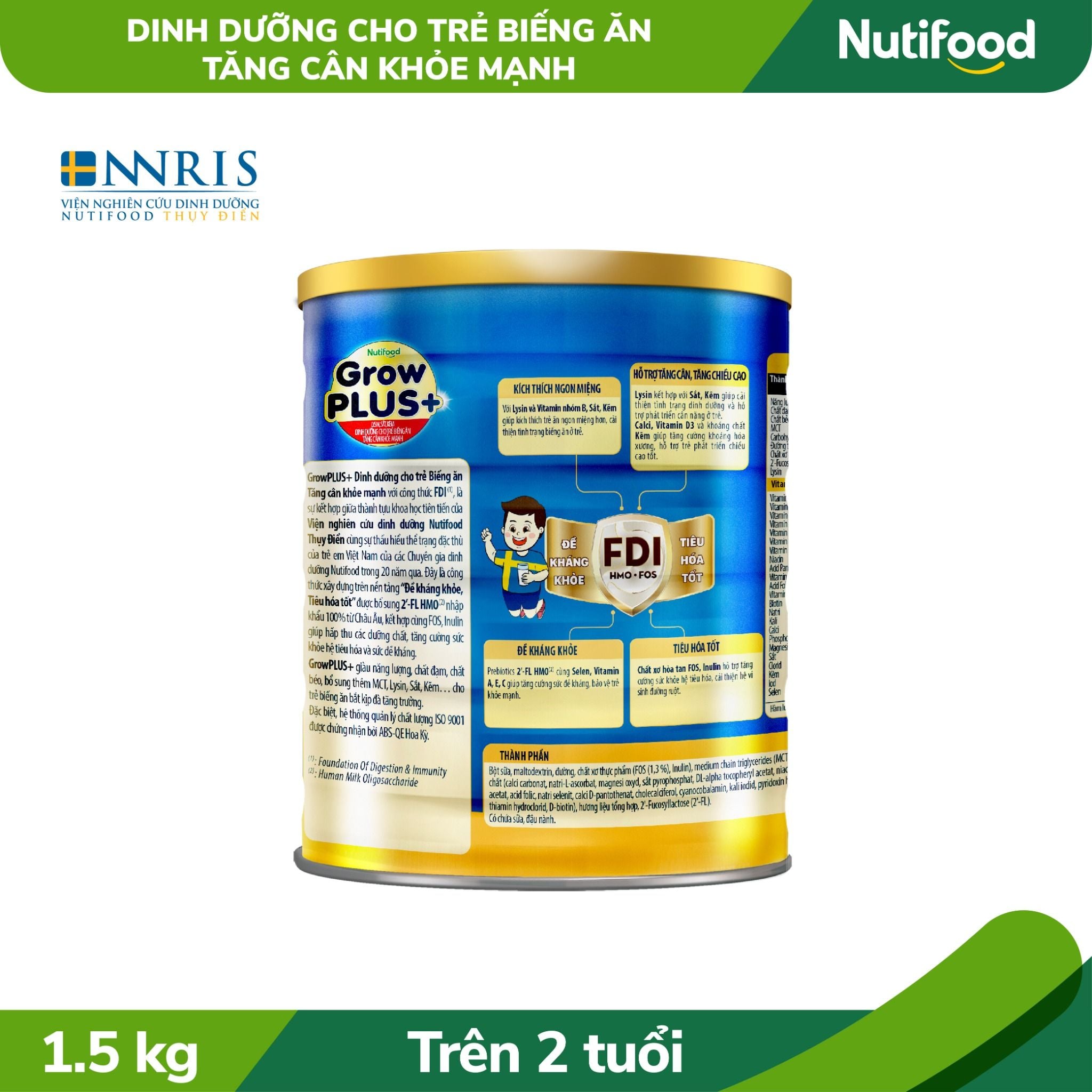  Sữa Bột GrowPLUS+ Biếng Ăn (Xanh) cho trẻ tăng cân khoẻ mạnh 2+ Lon 1.5KG 
