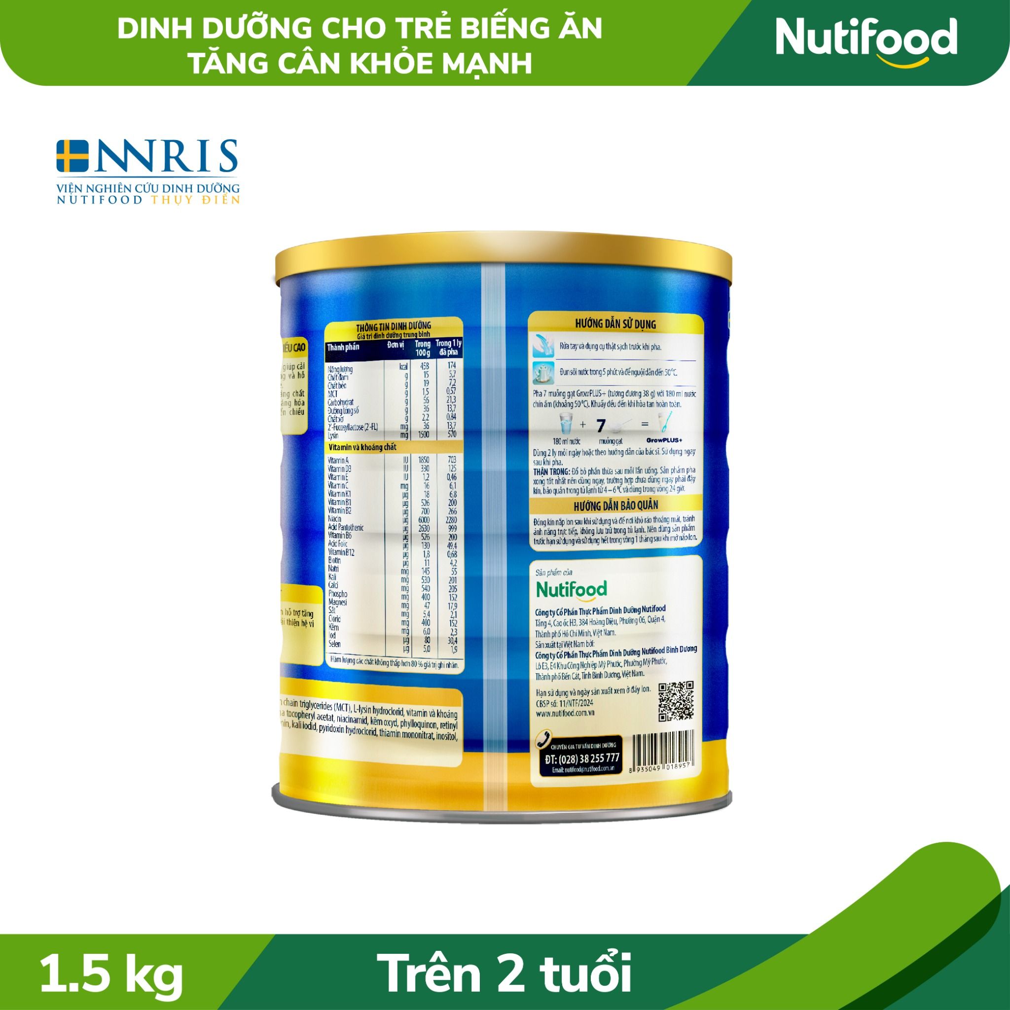 Sữa Bột GrowPLUS+ Biếng Ăn (Xanh) cho trẻ tăng cân khoẻ mạnh 2+ Lon 1.5KG 
