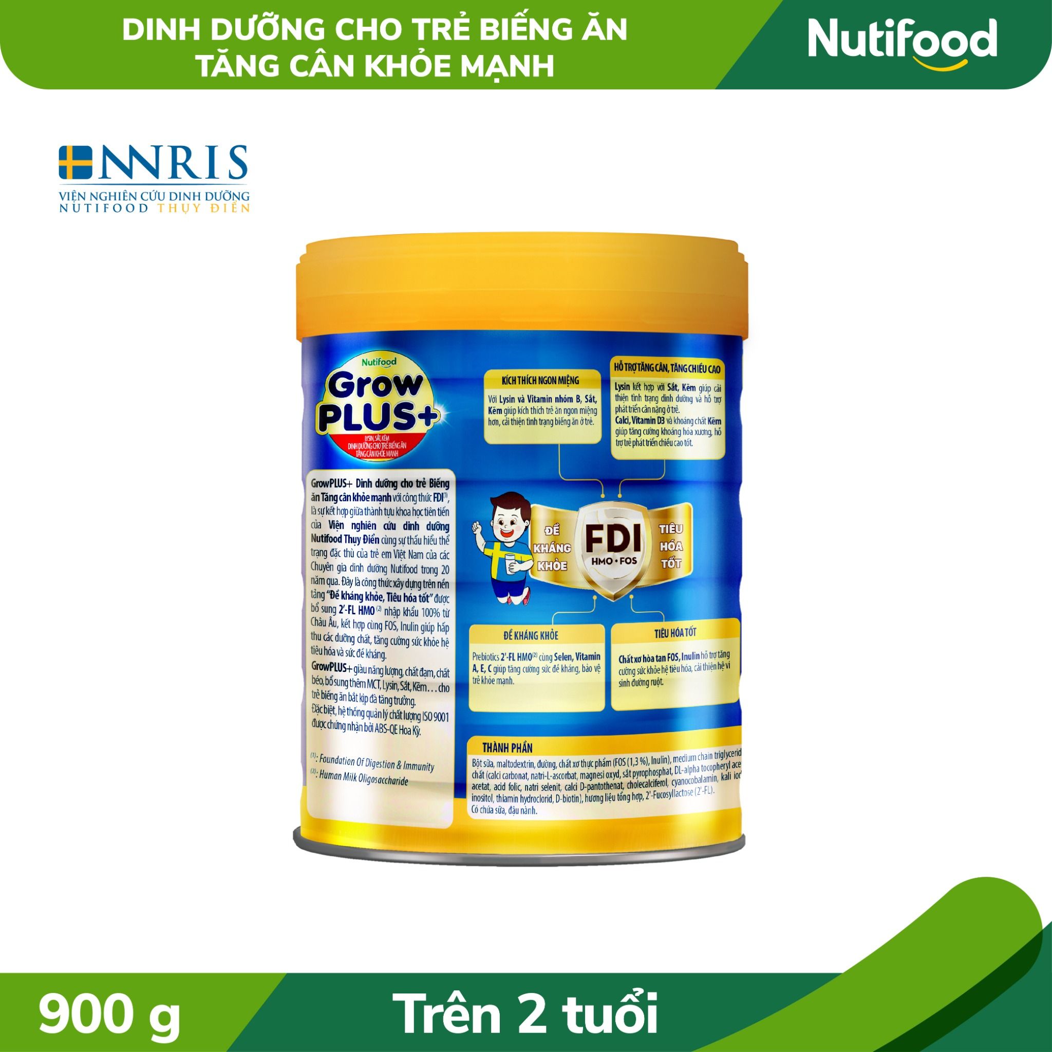  Sữa Bột GrowPLUS+ Biếng Ăn (Xanh) cho trẻ tăng cân khoẻ mạnh 2+ Lon 900G 