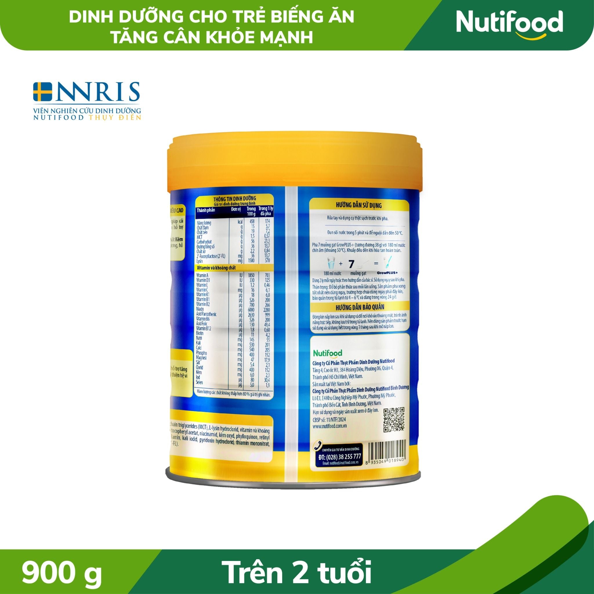  Sữa Bột GrowPLUS+ Biếng Ăn (Xanh) cho trẻ tăng cân khoẻ mạnh 2+ Lon 900G 