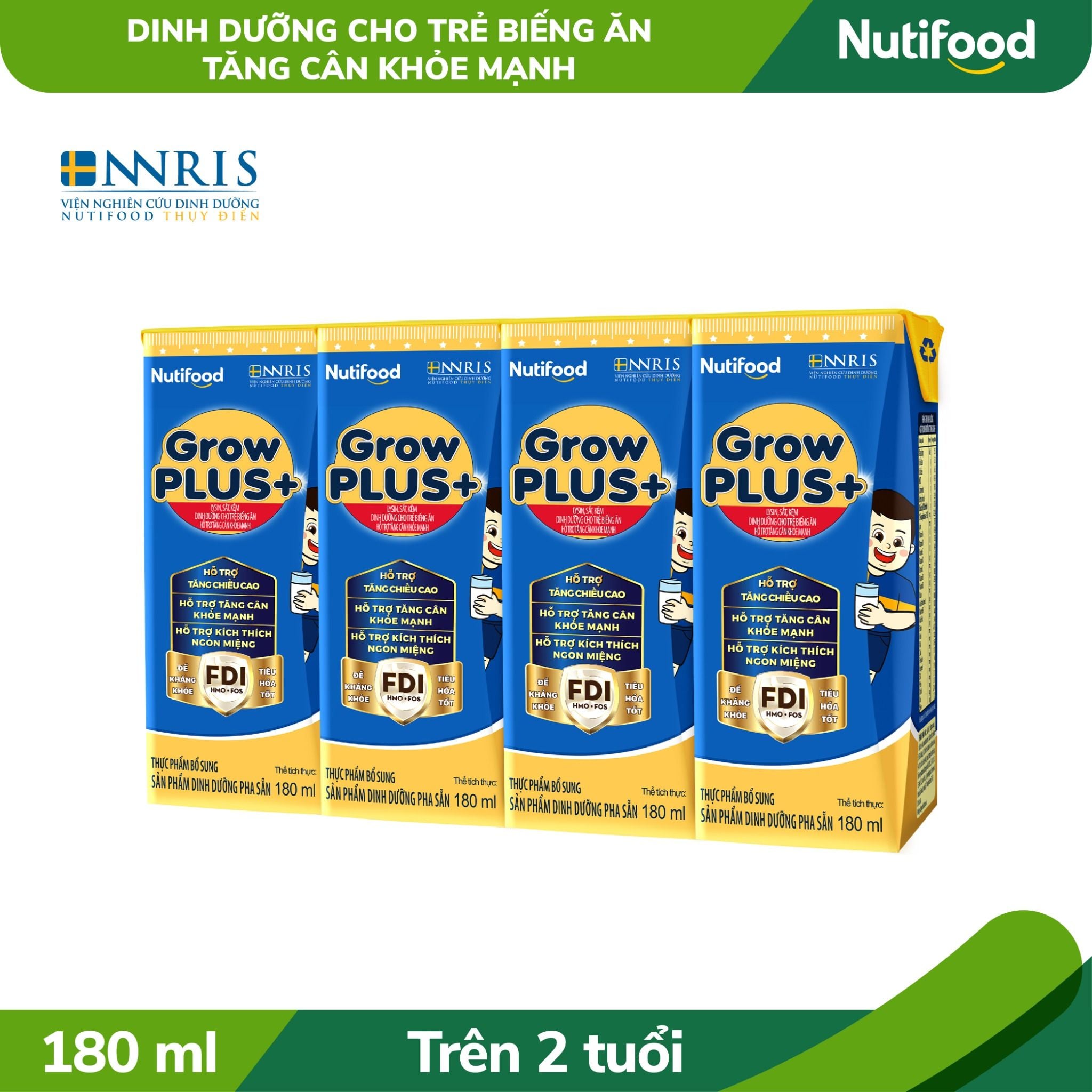 Sữa bột pha sẵn GrowPLUS+ Biếng ăn (XANH) cho trẻ tăng cân khoẻ mạnh (Trên 2 tuổi) hộp 180ml 