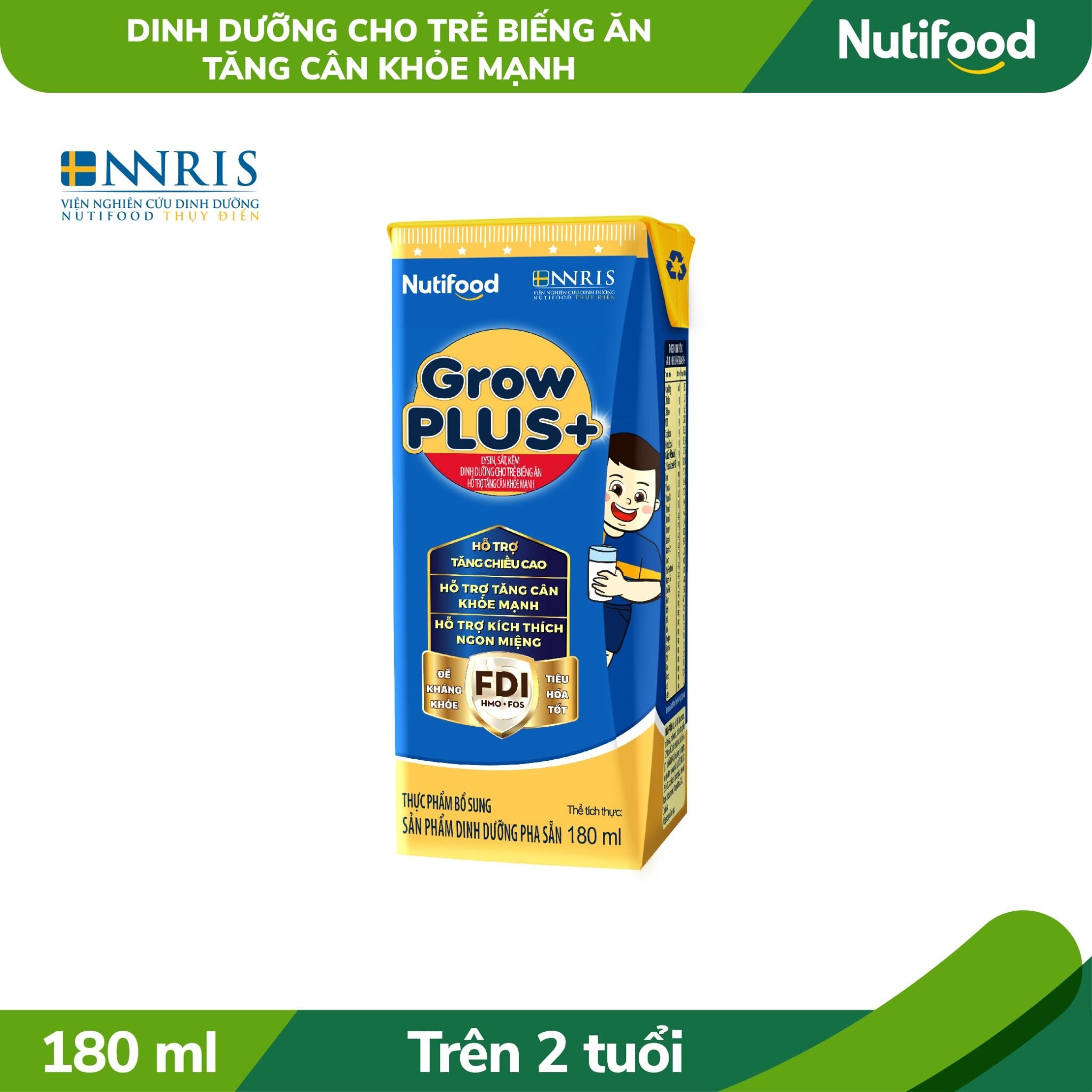  Sữa bột pha sẵn GrowPLUS+ Biếng ăn (XANH) cho trẻ tăng cân khoẻ mạnh (Trên 2 tuổi) hộp 180ml 
