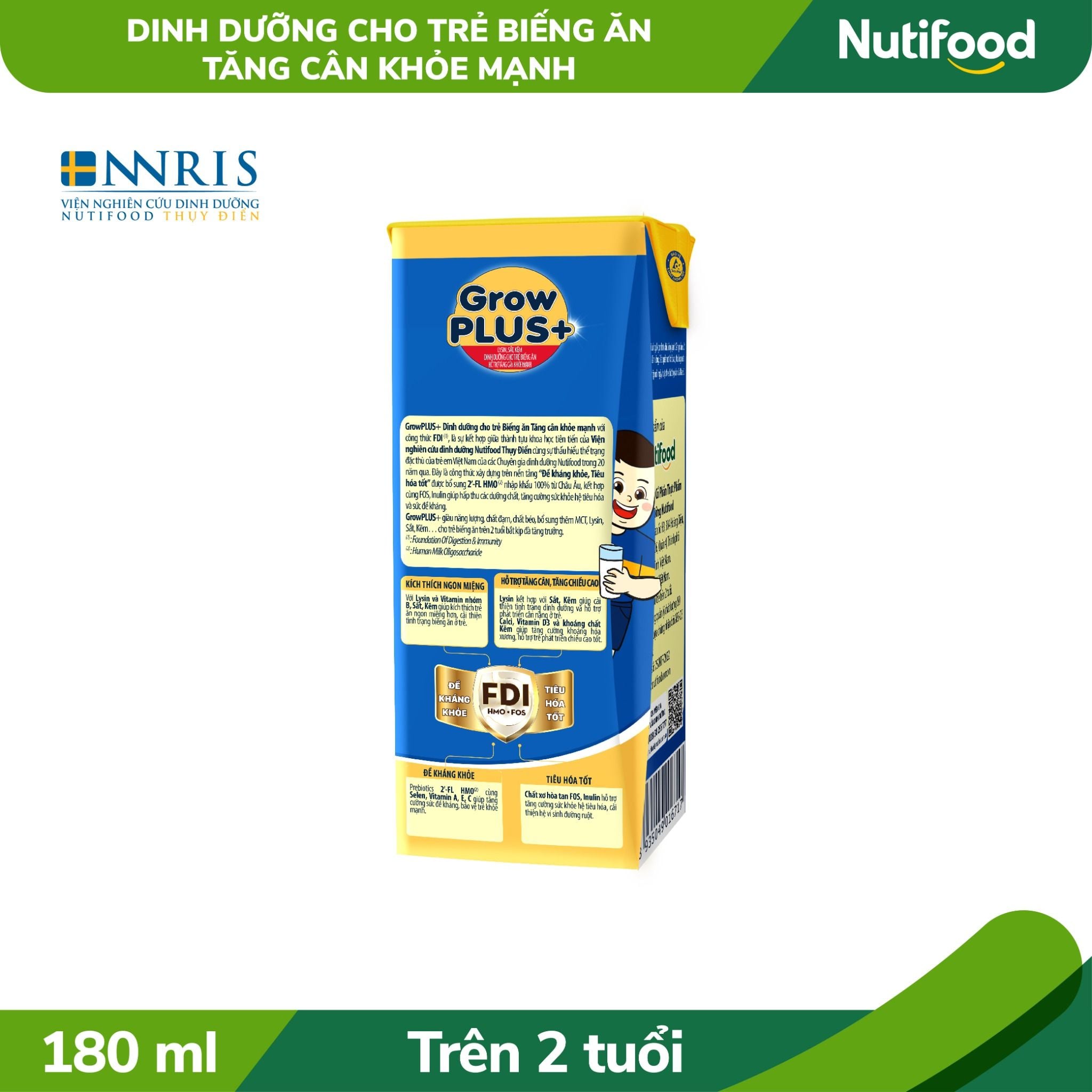  Sữa bột pha sẵn GrowPLUS+ Biếng ăn (XANH) cho trẻ tăng cân khoẻ mạnh (Trên 2 tuổi) hộp 180ml 