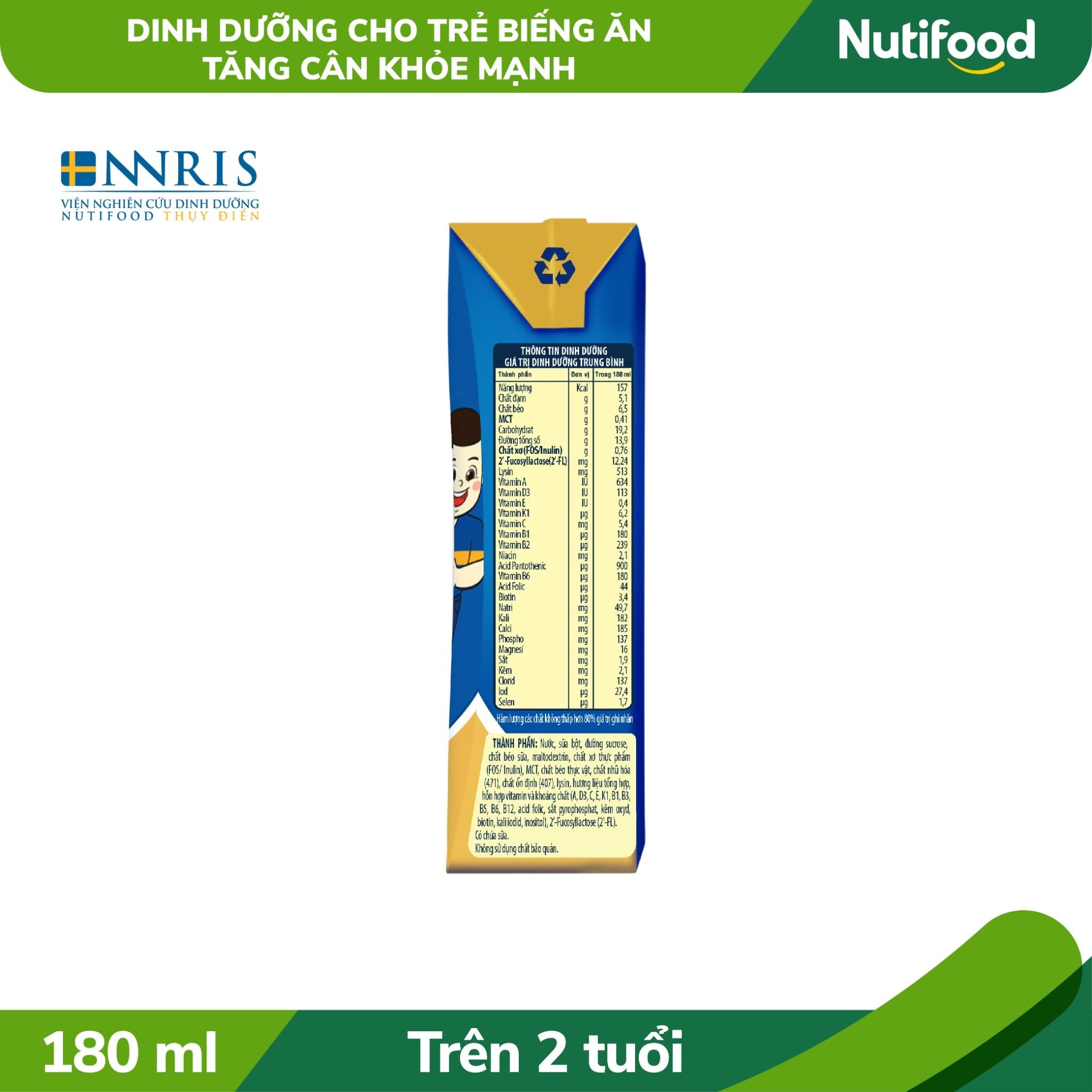  Sữa bột pha sẵn GrowPLUS+ Biếng ăn (XANH) cho trẻ tăng cân khoẻ mạnh (Trên 2 tuổi) hộp 180ml 