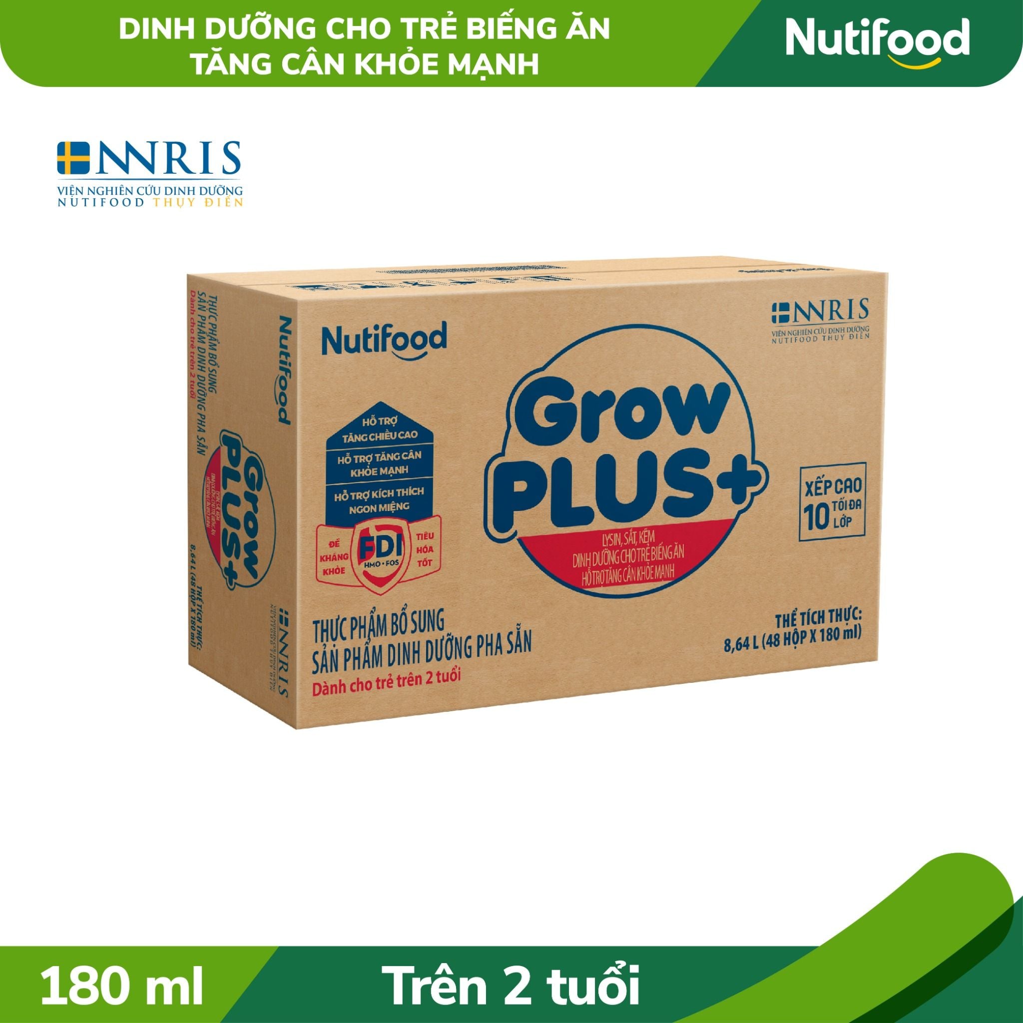  Sữa bột pha sẵn GrowPLUS+ Biếng ăn (XANH) cho trẻ tăng cân khoẻ mạnh (Trên 2 tuổi) hộp 180ml 