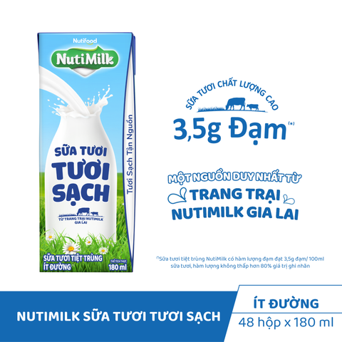  NutiMilk Sữa Tươi Tươi Sạch Ít Đường Hộp 180ml 