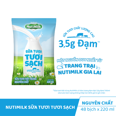  NutiMilk Sữa Tươi Tươi Sạch Không Đường - Bịch 220ml 
