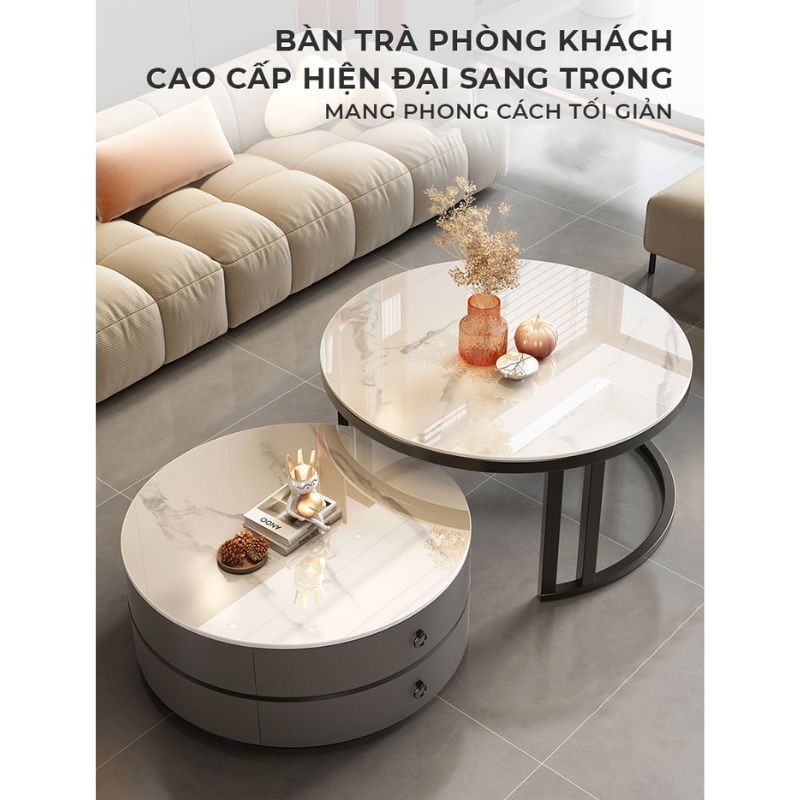Bàn trà sofa đôi mặt vân đá tròn khung sắt có ngăn kéo - GM148