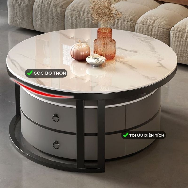 Bàn trà sofa đôi mặt vân đá tròn khung sắt có ngăn kéo - GM148